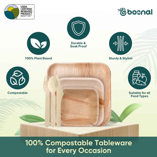 Palm Leaf Biodegradable 10" & 7" Square Plates, 5" Bowls with Cutlery Combo (25 Each Plates, 25 Bowls, 50 Forks, 25 Spoons, 25 Knives), Eco-Friendly, Compostable, Bamboo-Wood