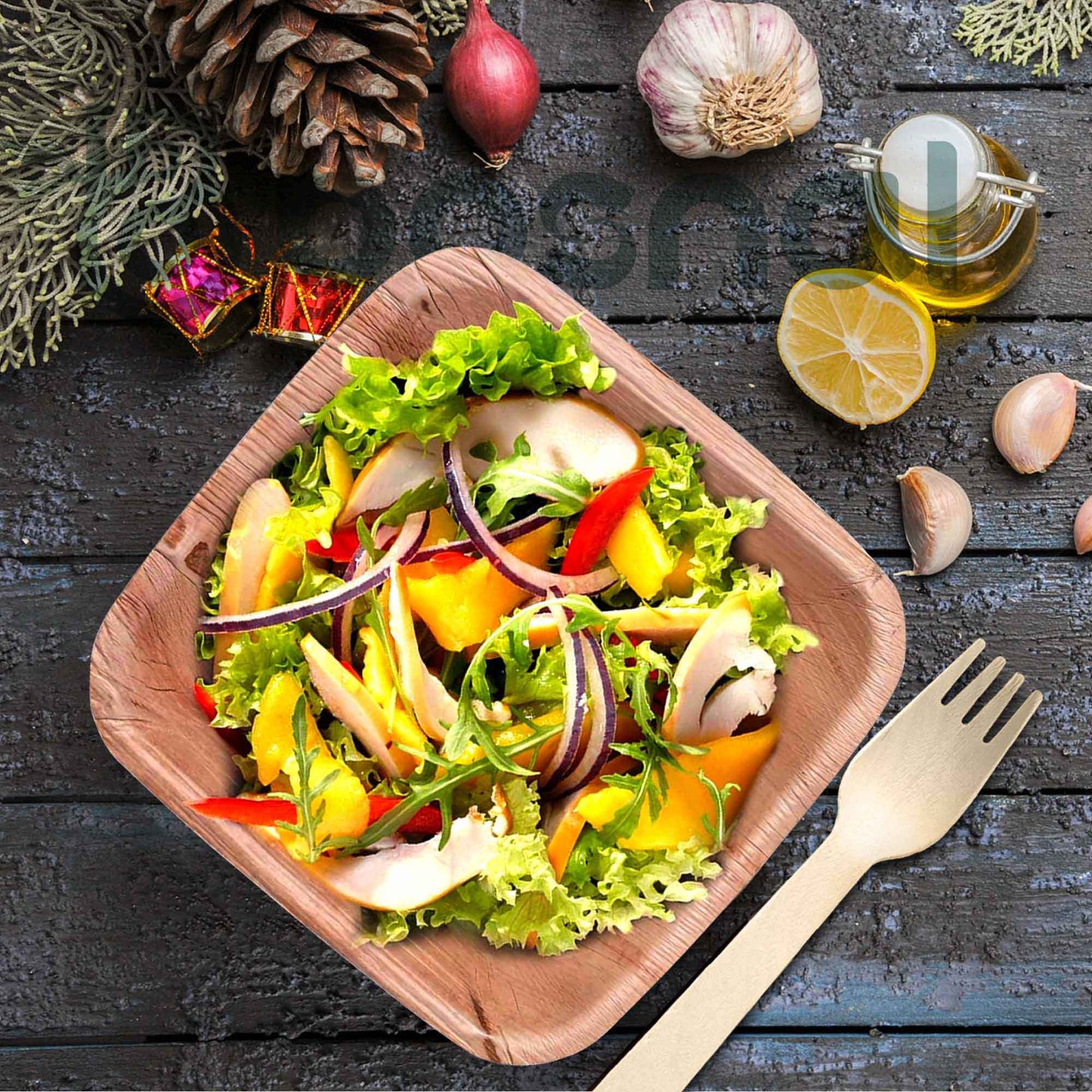 Palm Leaf Biodegradable 10" & 7" Square Plates, 5" Bowls with Cutlery Combo (25 Each Plates, 25 Bowls, 50 Forks, 25 Spoons, 25 Knives), Eco-Friendly, Compostable, Bamboo-Wood